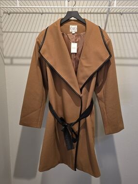 CATO Camel Wrap Belted Coat with Black Trim